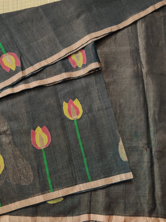 Light Black Colour Tissue Linen Saree With Plain Body