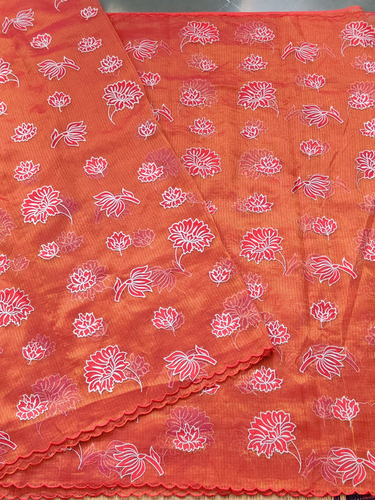 Red Colour Tissue Kota Saree With Embroidery All Over