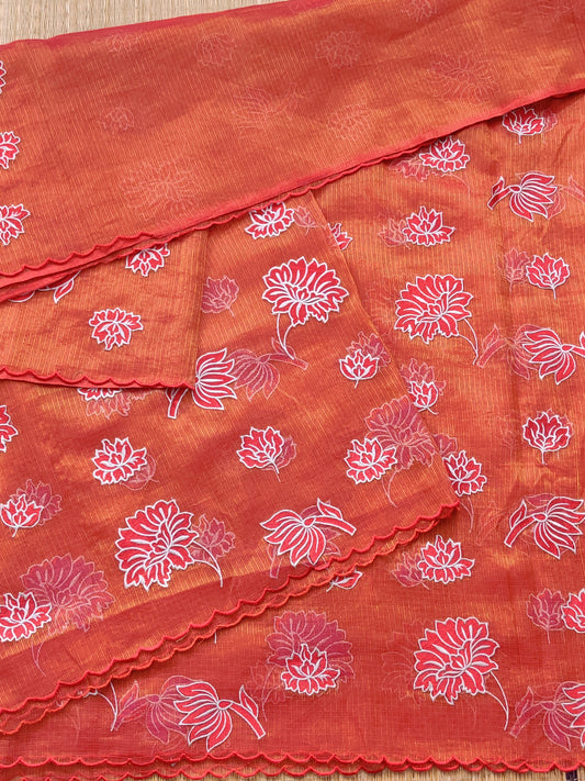 Red Colour Tissue Kota Saree With Embroidery All Over