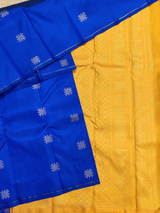 Blue Colour Pure Silk Pure Zari Kanchivaram Silk Sarees With Kolam Zari Motif All Over