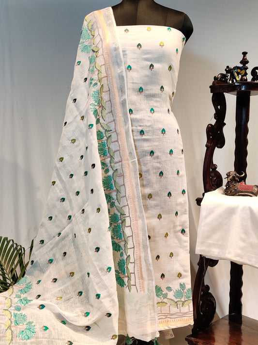 White Colour Linen 3 Piece Salwar Set With Embroidery All Over