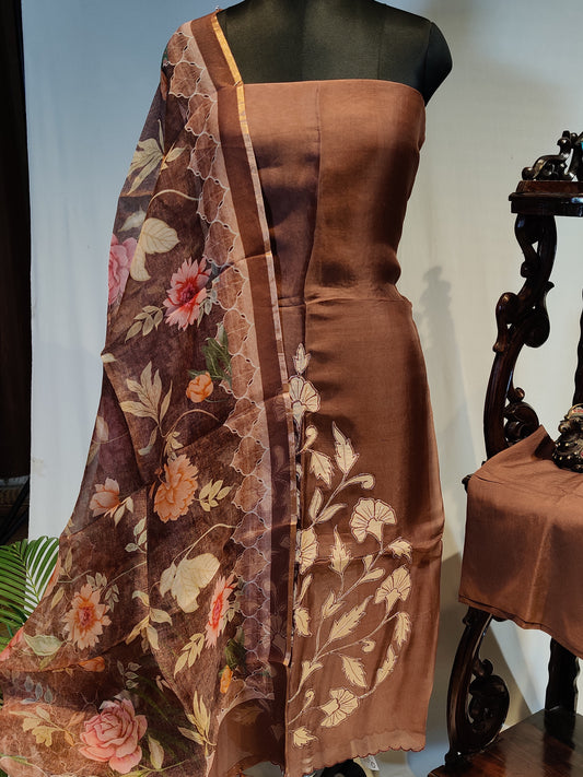 Brown Colour Organza 3 Piece Salwar Set With applique Work Body