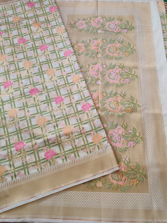 Cream Colour Banarasi Saree With Floral Motif All Over