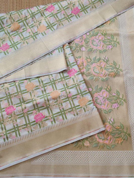 Cream Colour Banarasi Saree With Floral Motif All Over