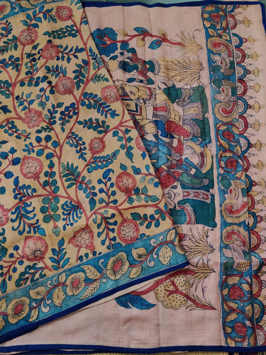Onion Colour Tussar Silk Saree With Pen Kalamkari Work All Over