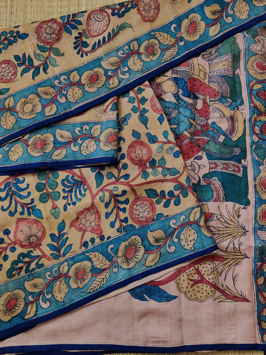 Onion Colour Tussar Silk Saree With Pen Kalamkari Work All Over