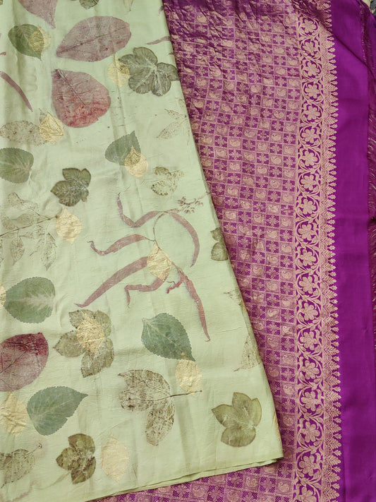 Pista Green Colour Kanchivaram Silk Saree With Eco Prints
