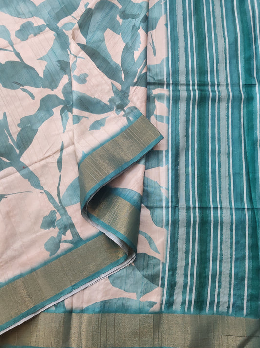 Cream Colour Semi Tussar Silk Saree With Leaf Print All Over