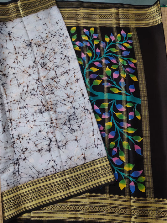 Cream Colour Mysore Crepe Partly Silk Saree With Batik Print