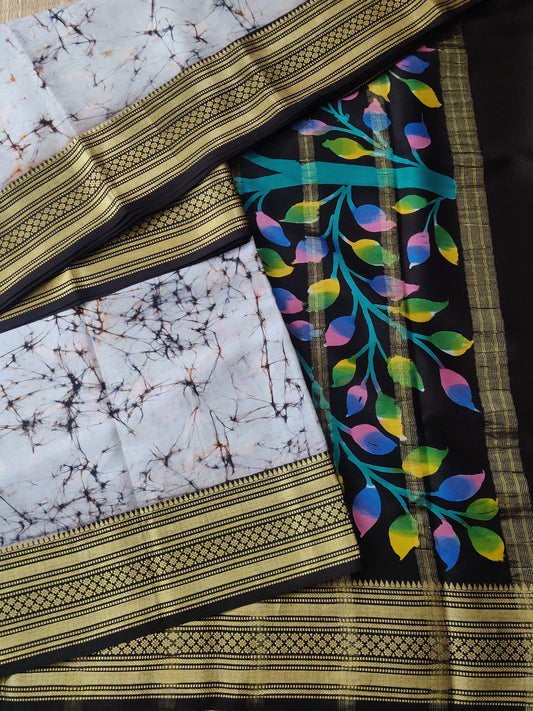 Cream Colour Mysore Crepe Partly Silk Saree With Batik Print