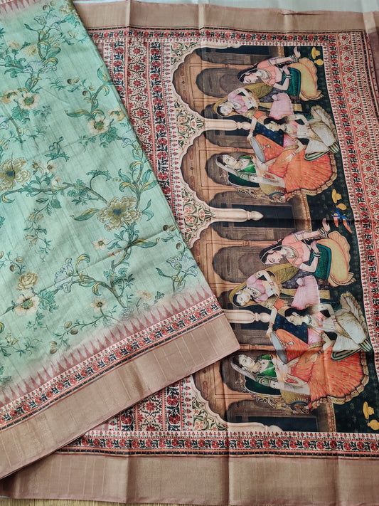 Pastel Green Colour Semi Banarasi Saree With Flora Digital Print