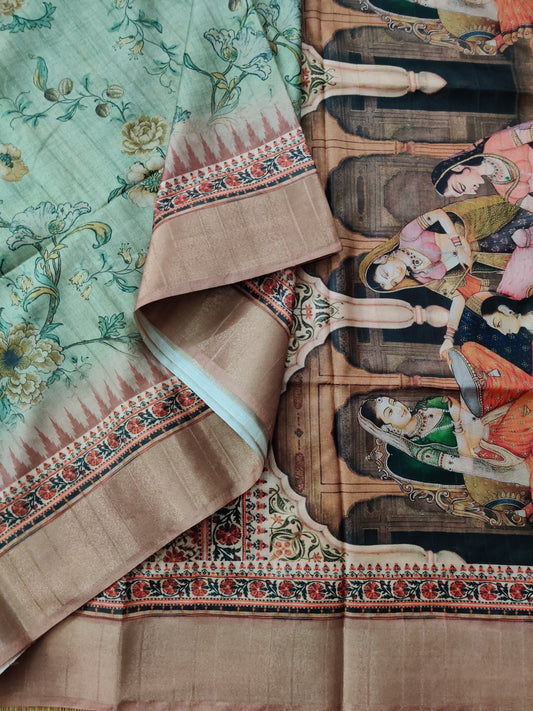 Pastel Green Colour Semi Banarasi Saree With Flora Digital Print