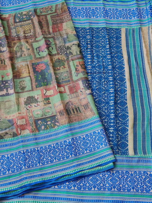 Multi Colour Tussar Cotton Saree With Digital Print