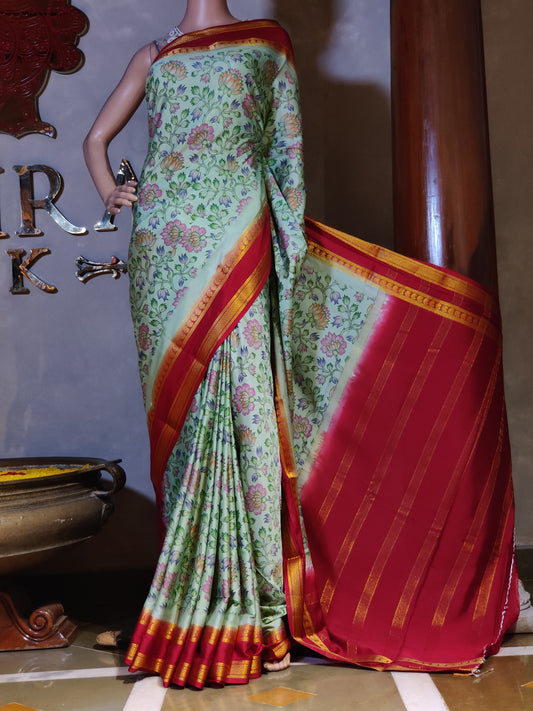 Pista Green Colour Semi Crepe Silk Saree With Digital Floral Print