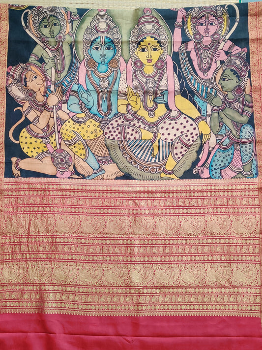 Baby Pink Colour Ikkat Silk Saree With Kalamkari hand Paint All Over Code :KA034