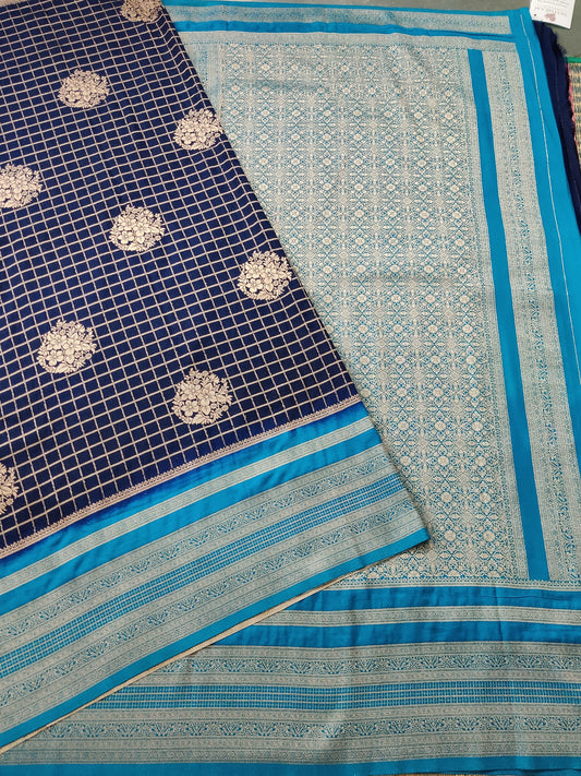Navy Blue Colour Checks Semi Banarasi Saree With Zari Motif Contrast Pallu Code : VB047