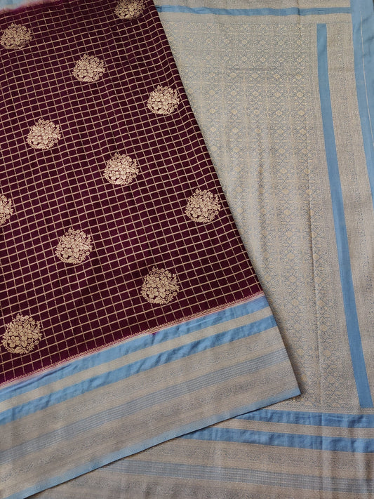 Brown Colour Checks Semi Banarasi Saree With Zari Motif Contrast Pallu Code : VB051