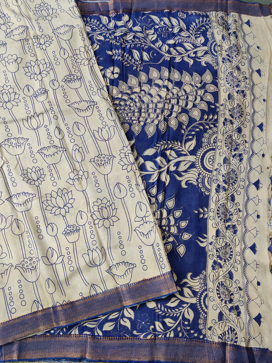 Cream Colour Semi Mangalagiri Cotton Saree With Kalamkari Digital Print Code : PC003