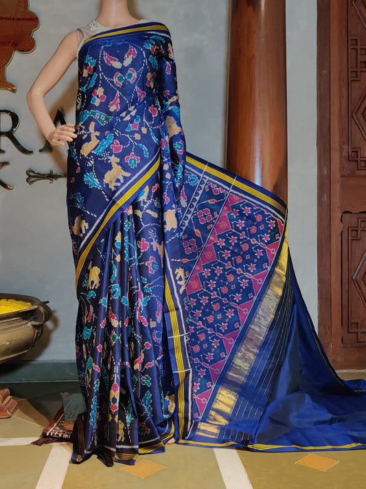 Blue Colour Single Ikkat Patola Silk Saree Ikkat Weaving All Over Code : IK007
