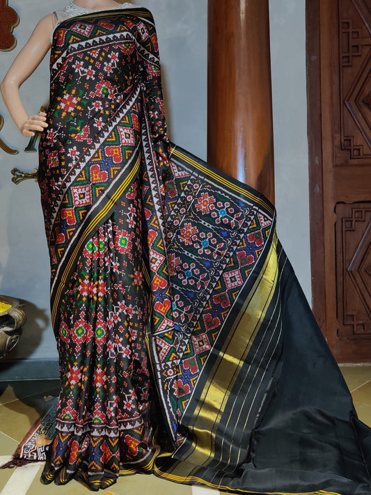 Black Colour Single Ikkat Silk Saree With Ikkat Weaving All Over Code : IK005