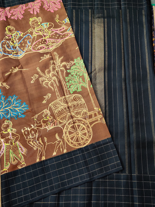 Honey Colour Kanchivaram Silk Saree With Pattachitra Hand Painting Code :KA037