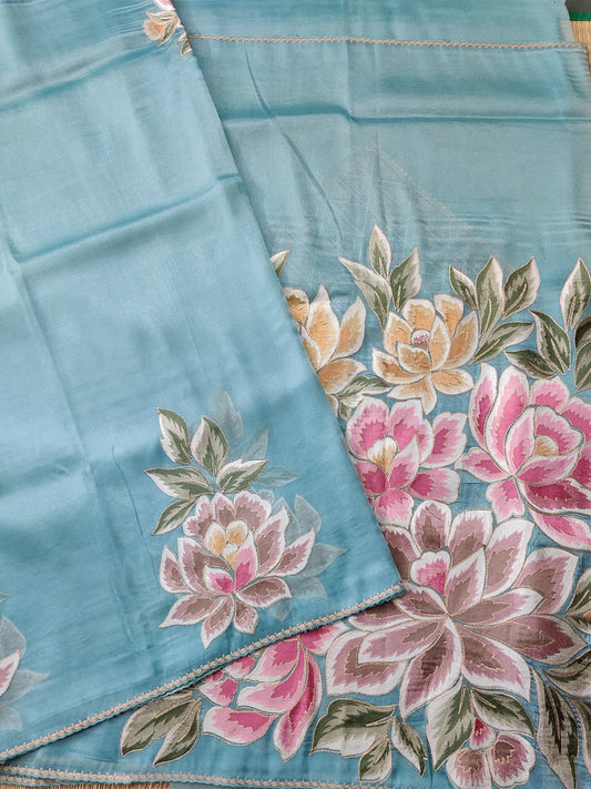 Sea Blue Colour Glass Tissue Saree With Plain Body Code : VB058