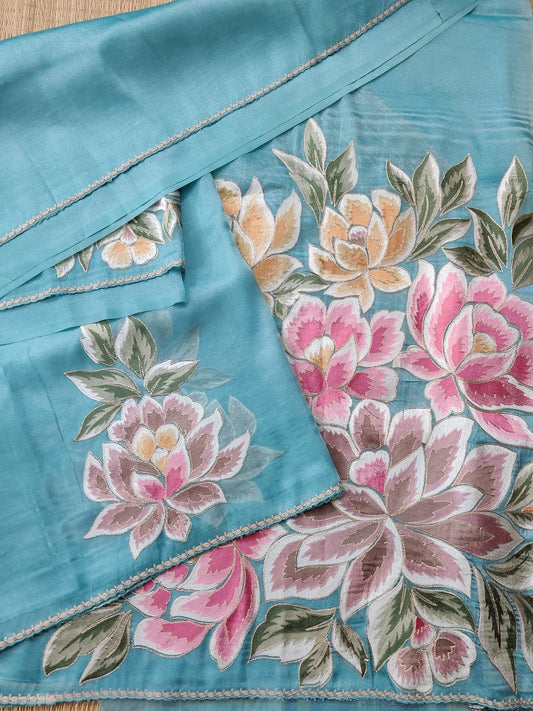 Sea Blue Colour Glass Tissue Saree With Plain Body Code : VB058