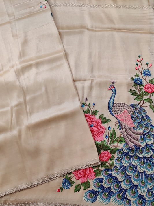 Cream Colour Glass Tissue Saree With Plain Body Code : VB059