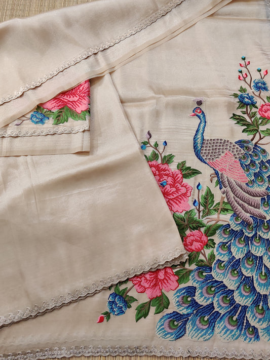 Cream Colour Glass Tissue Saree With Plain Body Code : VB059