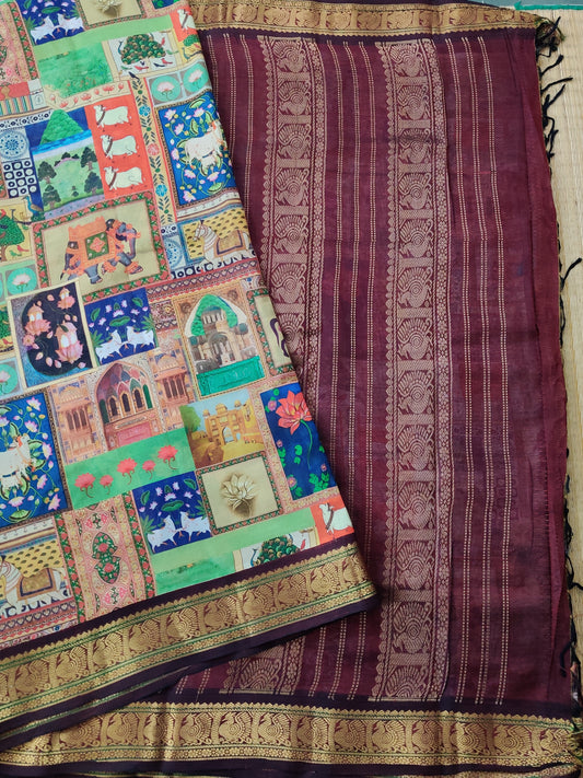 Multi Colour Silk Cotton Saree With Digital Print All Over Code :SC014