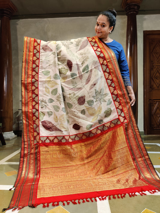 Off White Colour Kanchivaram Silk Saree With Eco Print all Over Code : KA047