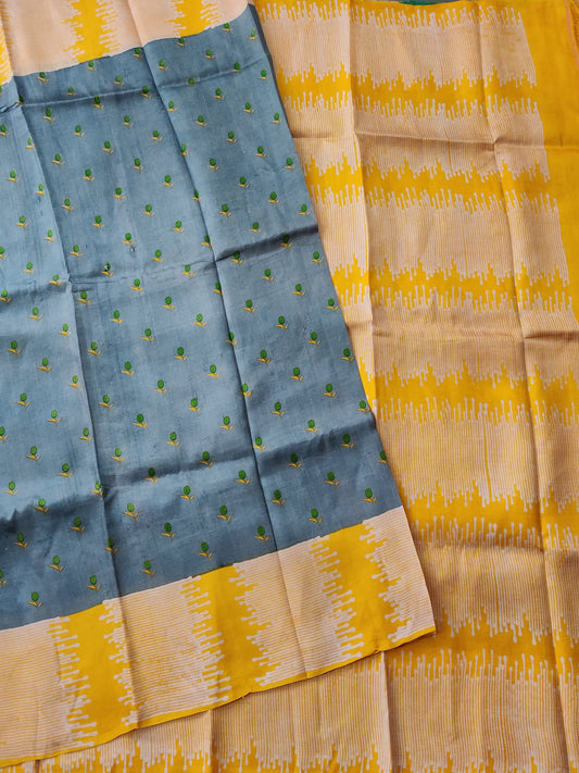 Grey Colour Murshid bad Silk Saree With Block Prints All Over Code : KT005