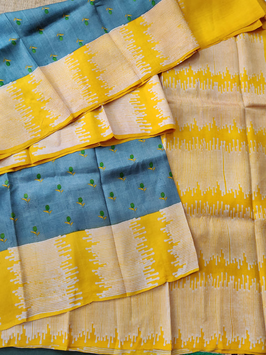 Grey Colour Murshid bad Silk Saree With Block Prints All Over Code : KT005