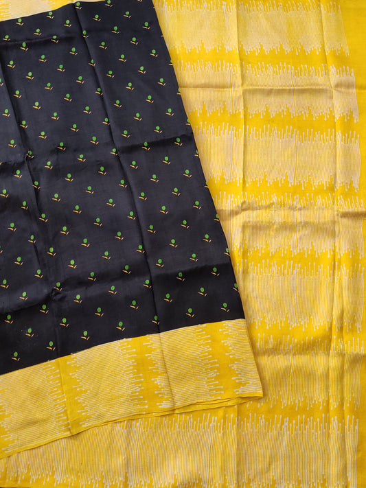 Black Colour Murshid Bad Silk Saree With Block Prints All Over. Code : KT004