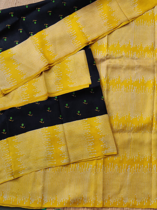 Black Colour Murshid Bad Silk Saree With Block Prints All Over. Code : KT004