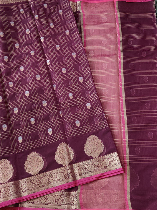 Maroon Colour Semi Banarasi Saree With Zari Motif All Over Code : VB084