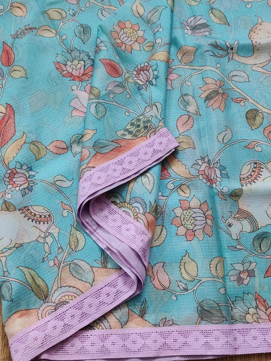 Light Sea Blue Colour Semi Kota Saree With Kalamkari Digital Print All Over Code : VB088