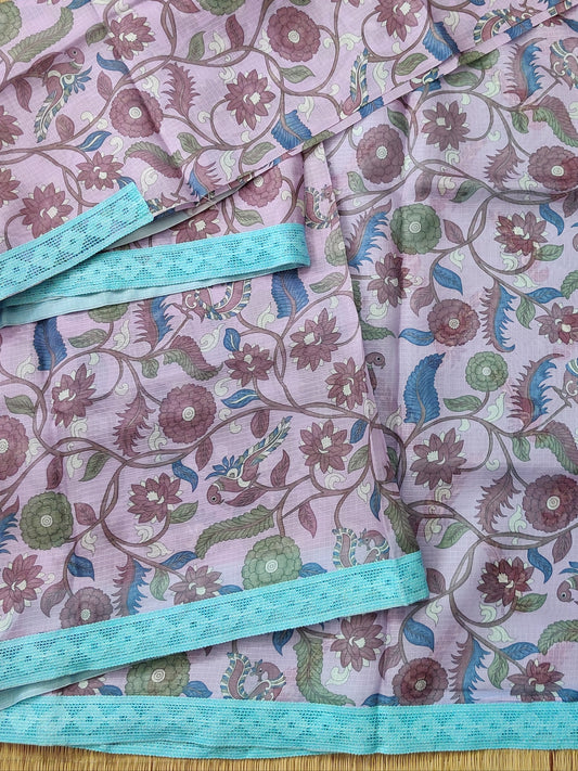 Lavender Colour Semi Kota Saree With Kalamkari Digital Print All Over Code : VB092