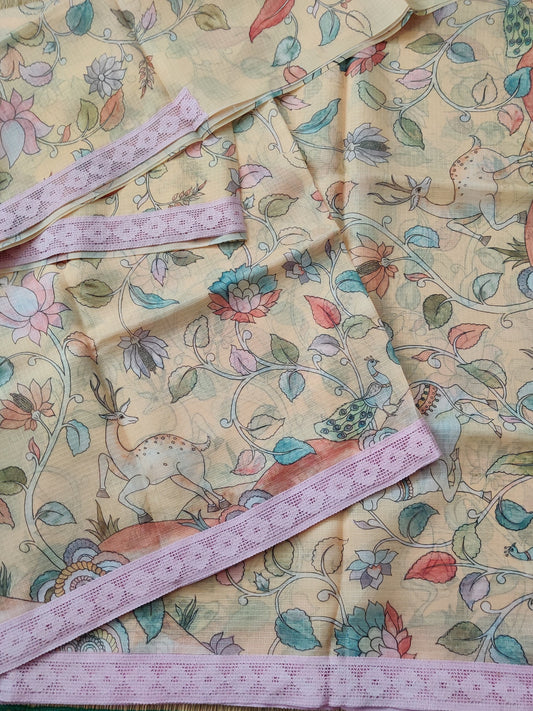 Light Yellow Colour Semi Kota Saree with Digital Print All Over Code : VB090