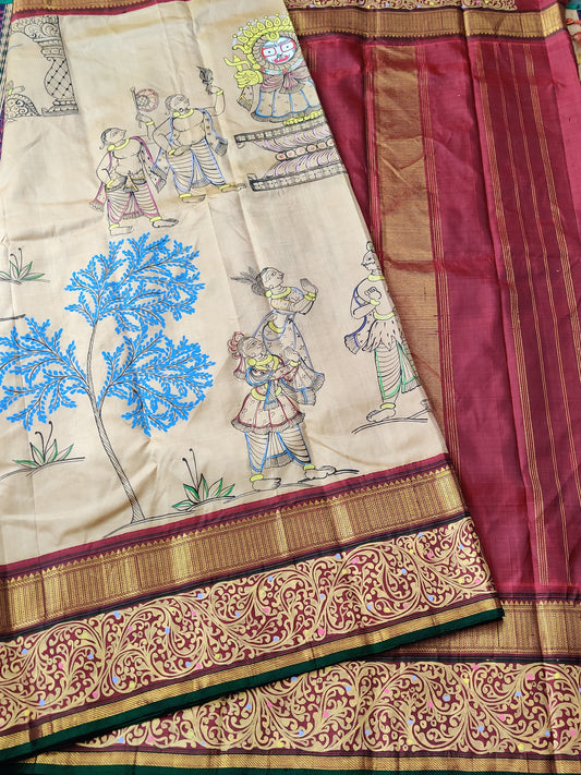 Cream Colour Kanchivaram Silk Saree With Pattachitra Hand Painting All Over Code : KA089