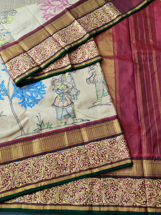 Cream Colour Kanchivaram Silk Saree With Pattachitra Hand Painting All Over Code : KA089