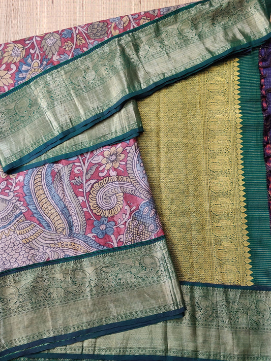 Maroon Colour Tussar & Kanchivaram fusion Silk Saree With Kalamkari Hand Work Body Code : KA096