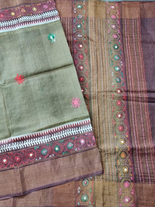 Mehandi Green Colour Tussar Silk Saree With Lambani Work Code : KT006