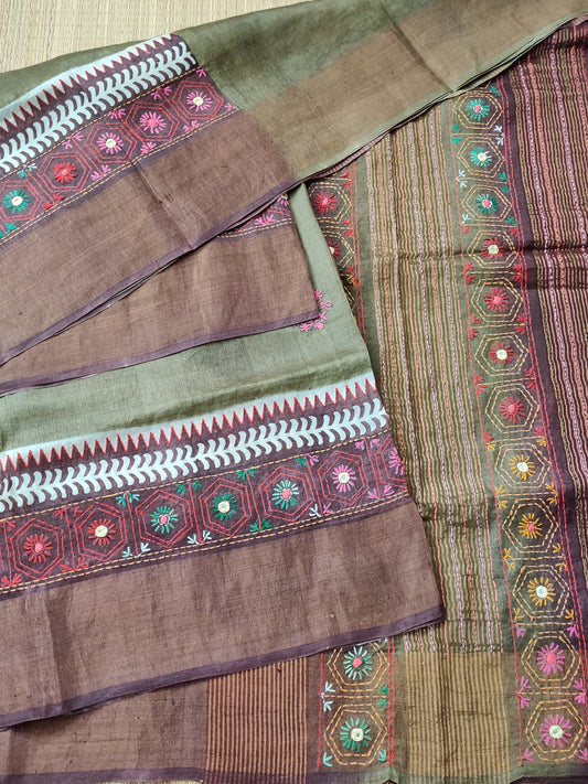 Mehandi Green Colour Tussar Silk Saree With Lambani Work Code : KT006