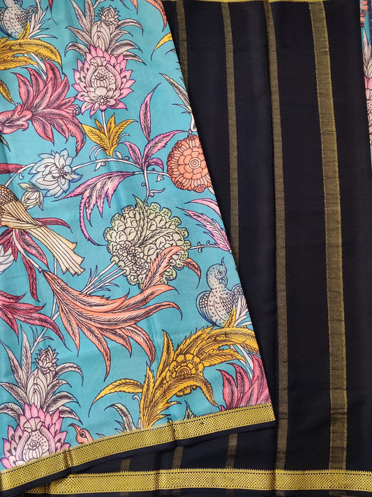 Sea Blue Colour Mysore Crepe Silk Saree With Kalamkari Digital Print All Over Code : KA074