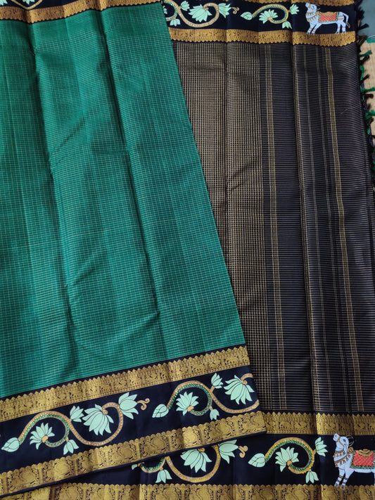 Green Colour Kanchivaram Silk Saree With Thanjor Hand Painting Code : KA020