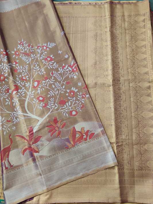 Light Brown Colour Semi Kanchi Silk Saree With Thread Woven & Zari Motif All Over Code : VB0122
