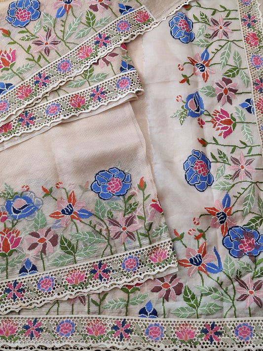 Cream Colour Tussar Kota Silk Saree With Cross Stitch Embroidery Work Code : VB0141