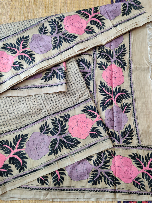 Tussar Colour Tussar Silk Saree With Kantha Work Work All Over Code : KT008