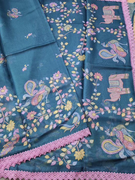 Peacock Green Colour Kota Silk Saree With Kalamkari Digital Print All Over Code : VB0125